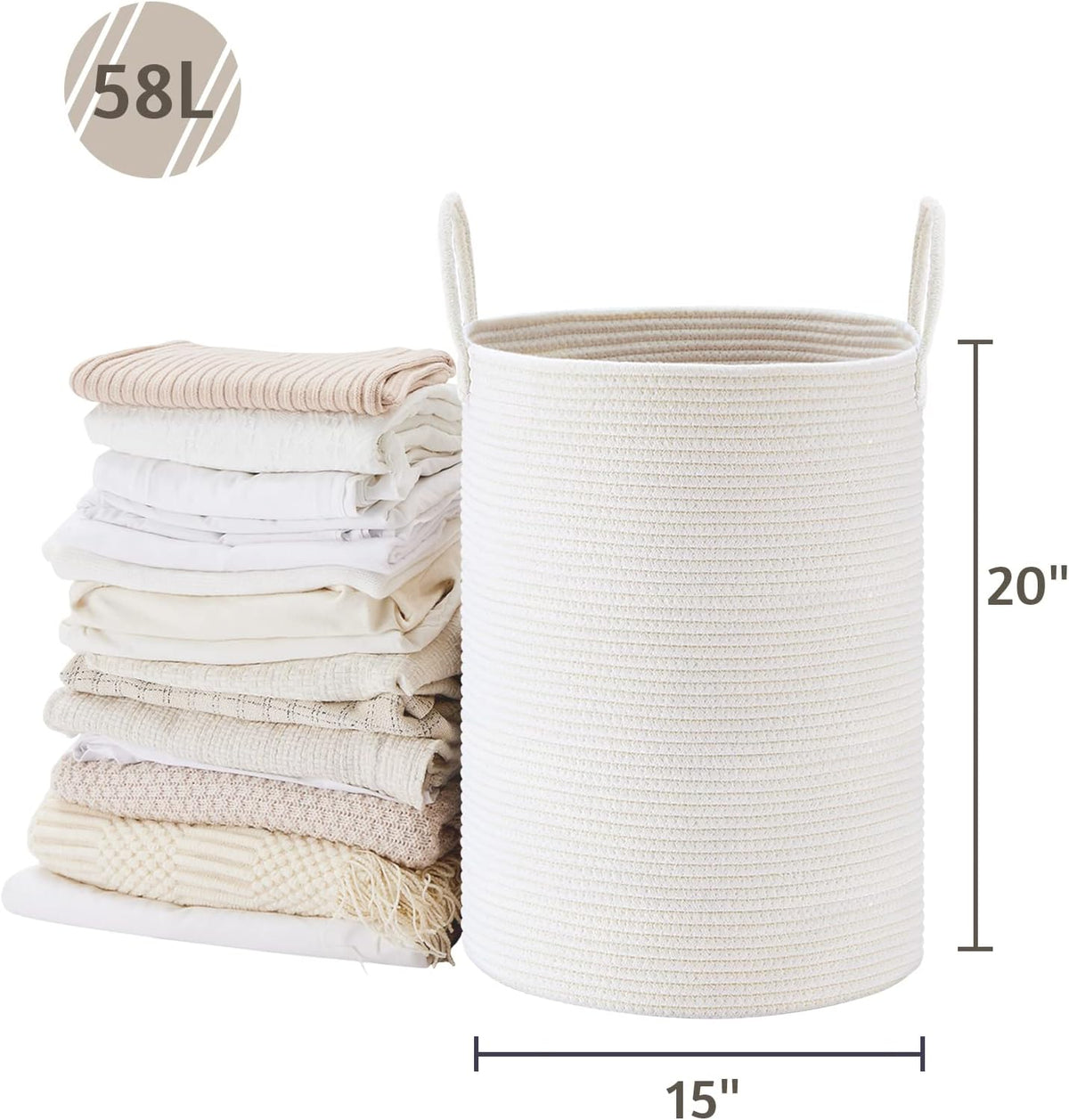 VIPOSCO Large Laundry Hamper, Tall Woven Rope Storage Basket for Blanket, Toys, Dirty Clothes in