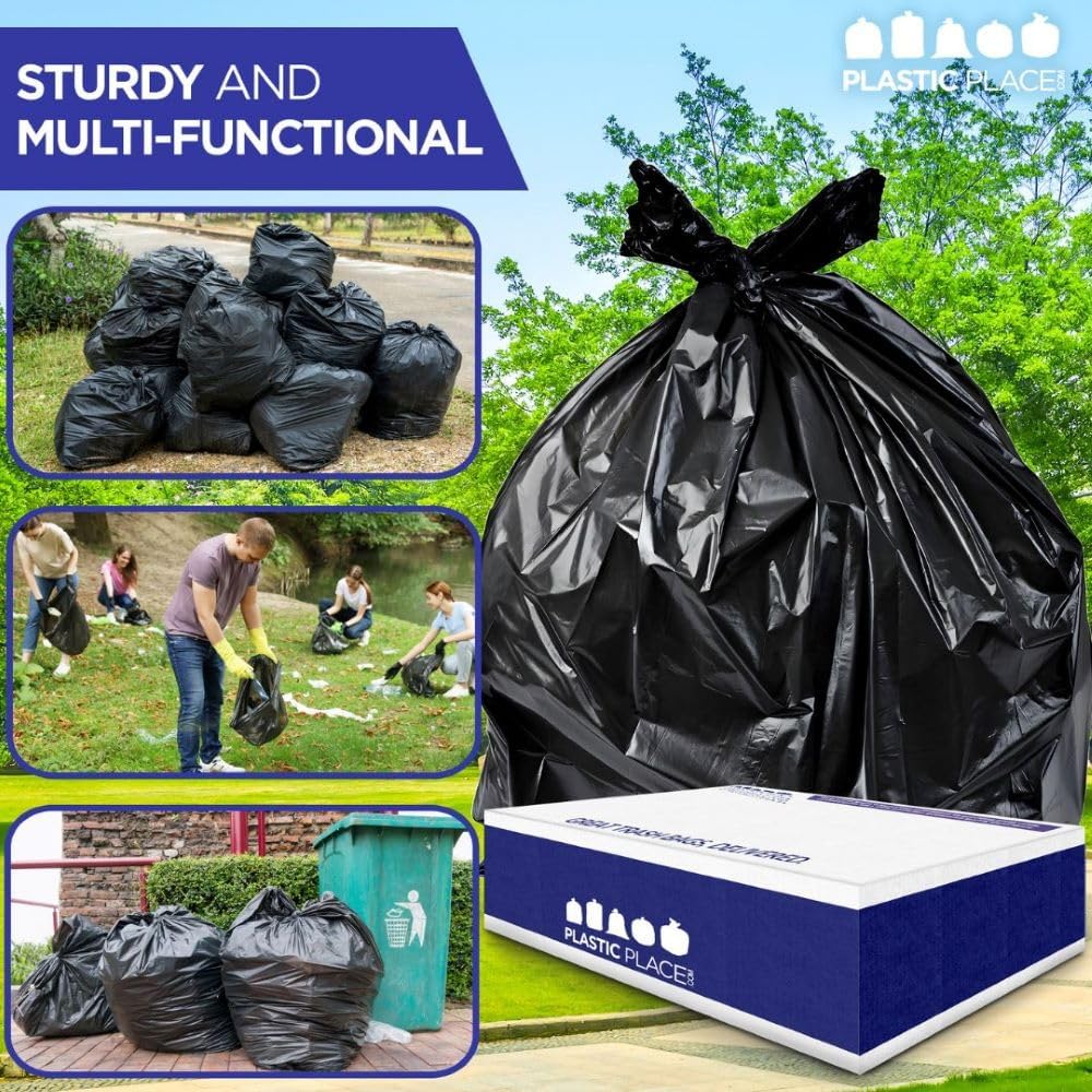 Plasticplace Contractor Trash Bags 33 Gallon - 3.0 Mil, Heavy Duty Garbage Bag 33” x 39”, Black, 50