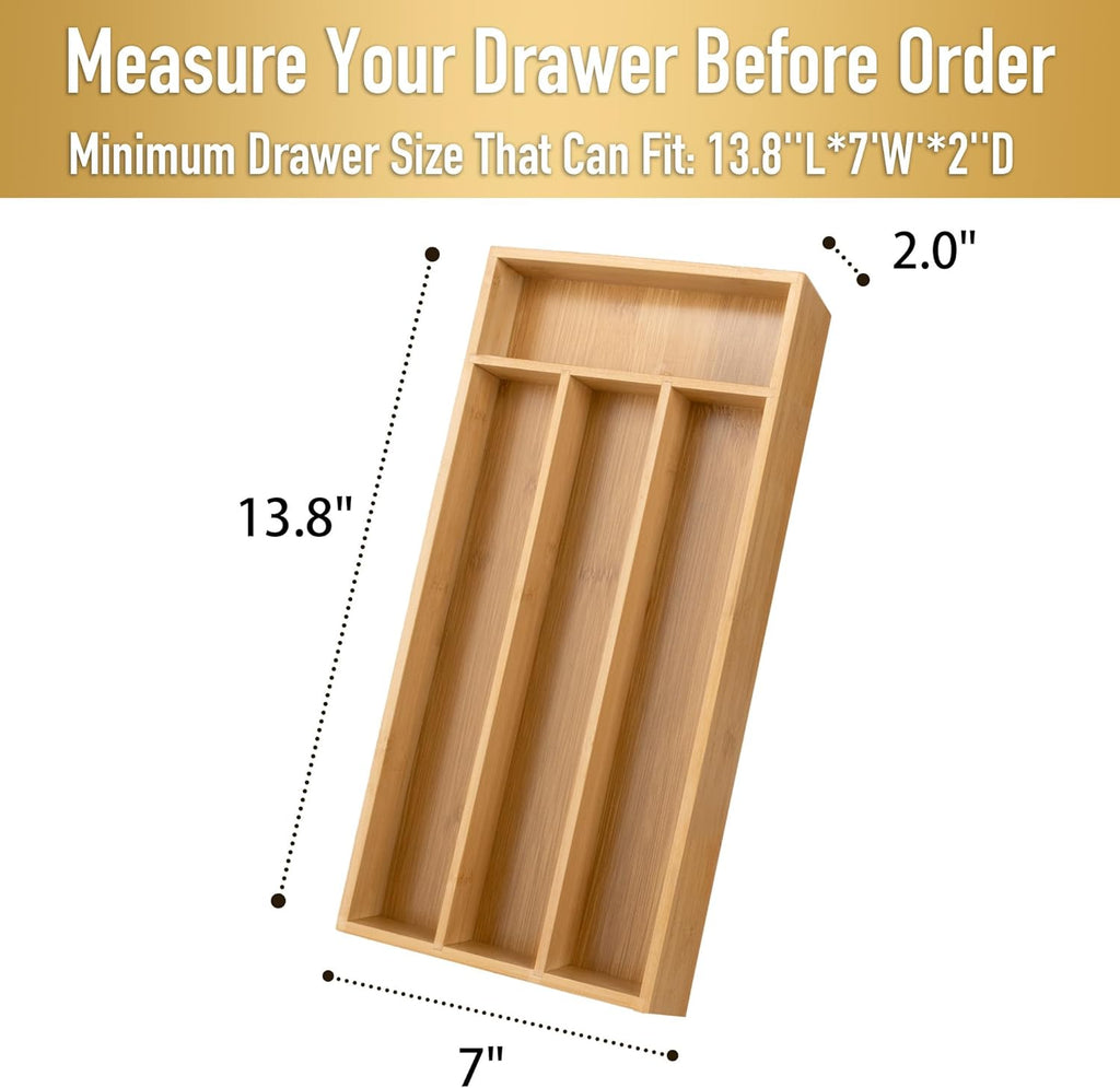 Silverware Organizer - Bamboo Kitchen Drawer Utensil Holder with 4 Slots (Natural)