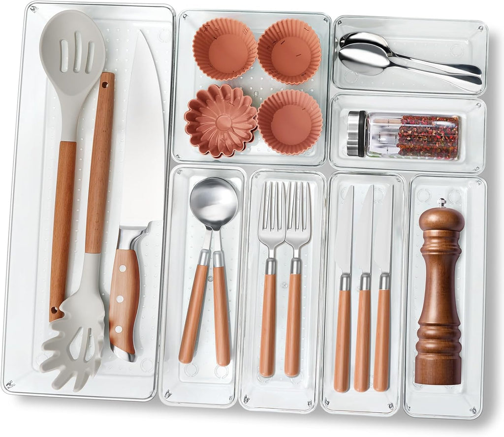 Criusia Utensil Drawer Organizer for Kitchen, 8 Pack Silverware Organizer Utensil Holder, Clear