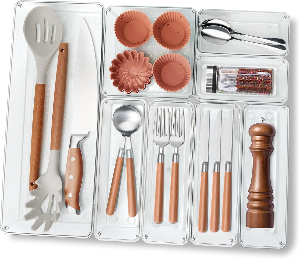 Criusia Utensil Drawer Organizer for Kitchen, 8 Pack Silverware Organizer Utensil Holder, Clear