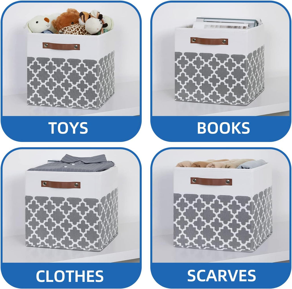 Temary 12x12x12 Fabric Storage Bins 4 Pack with Leather Handle, Foldable Cubes Storage Box Baskets