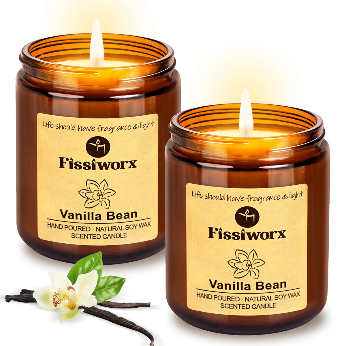 Fissiworx Vanilla Scented Candle Set 2 Pack, Candle for Home Scented, Odor Eliminating, Stress