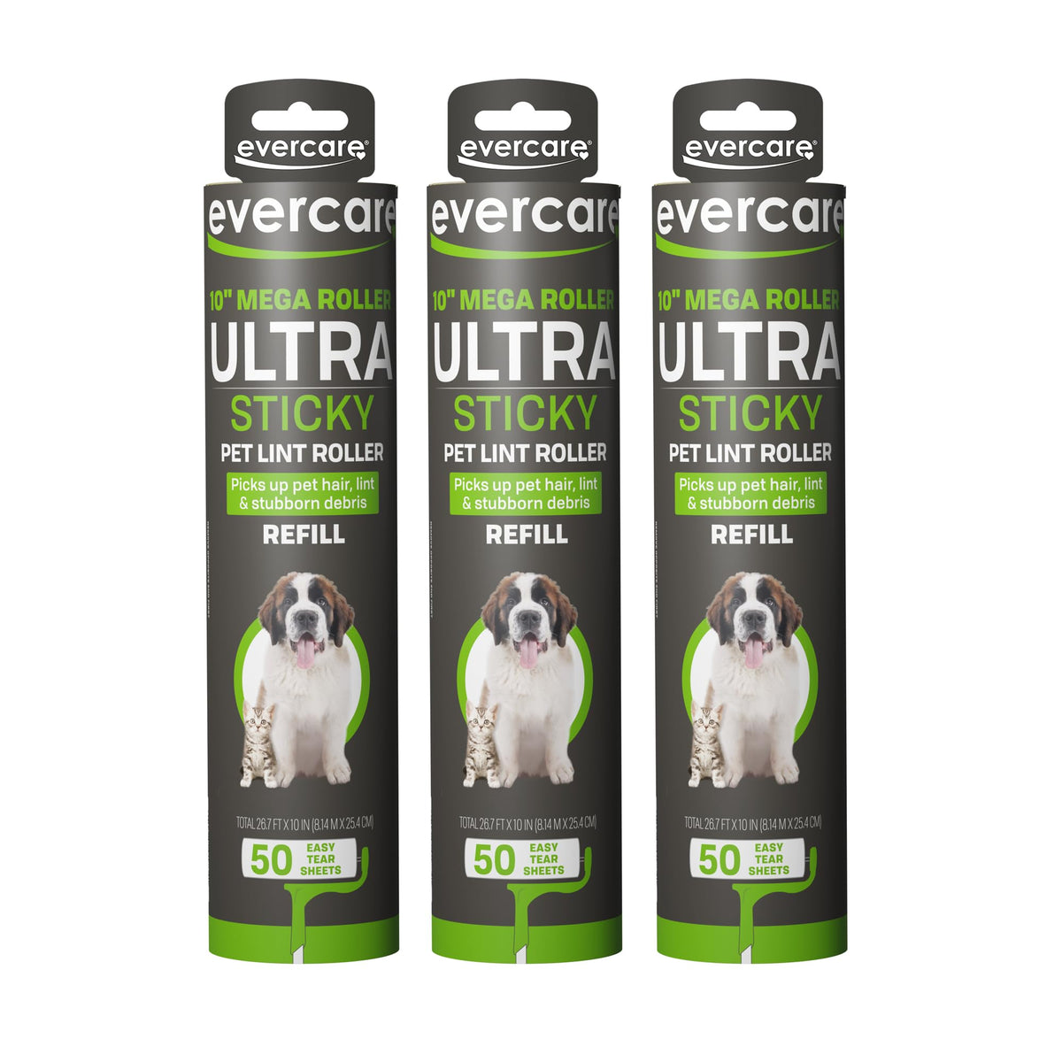 Evercare Pack of 3 All-Purpose Pet Mega Oversized Lint Roller Refills, 50 Sheets Each
