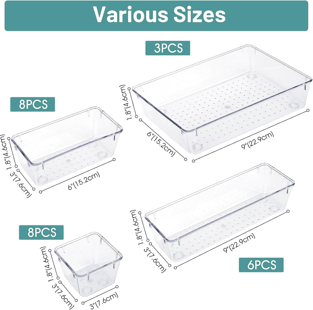 WOWBOX 25 PCS Clear Plastic Drawer Organizer Set, 4 Sizes Desk Drawer Divider Organizers and