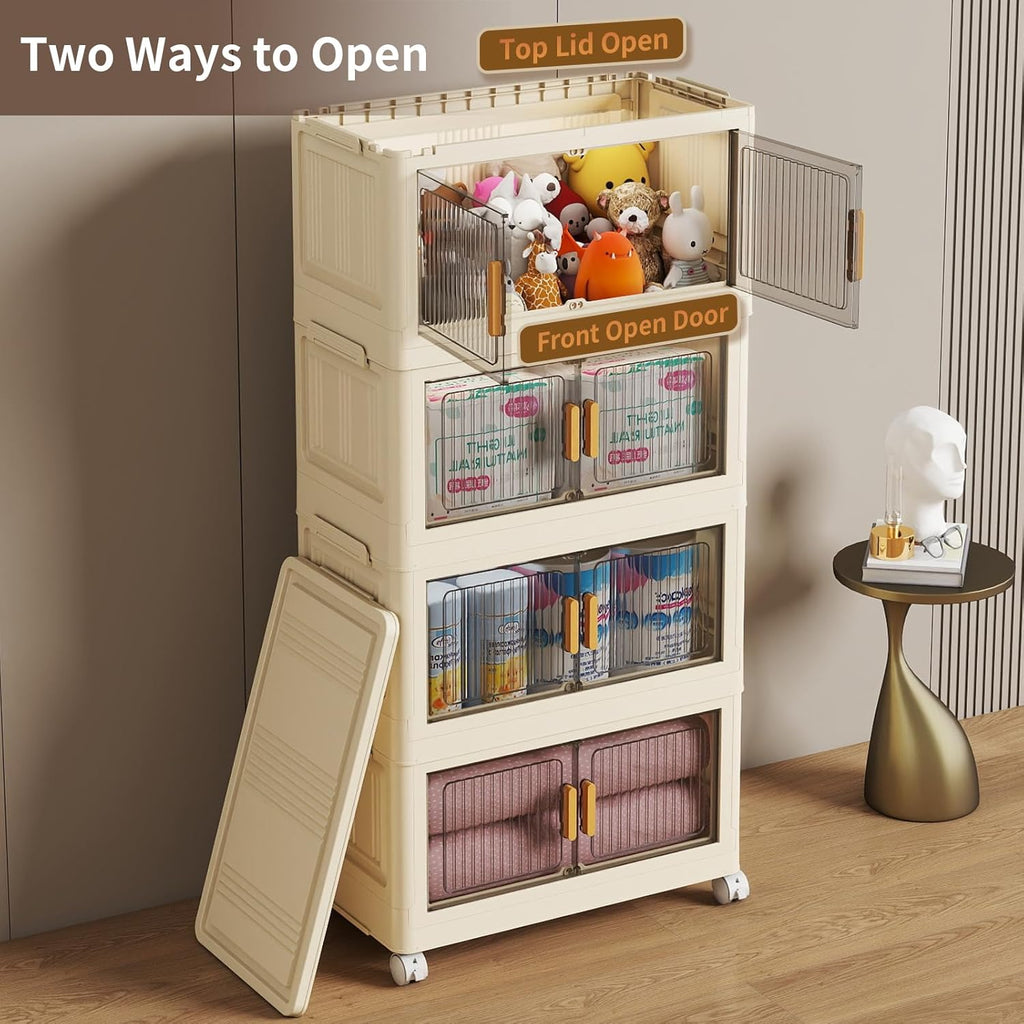 4 Tier Stackable Plastic Storage Bins with Lids 58QT, Collapsible Closet Organizers and Storage