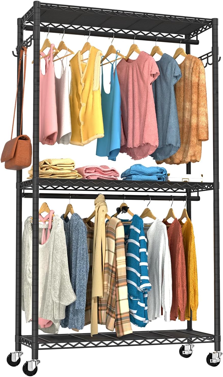 Clothes Rack, Clothing Racks for Hanging Clothes, 3 Tiers Adjustable Garment Rack with Wheels |