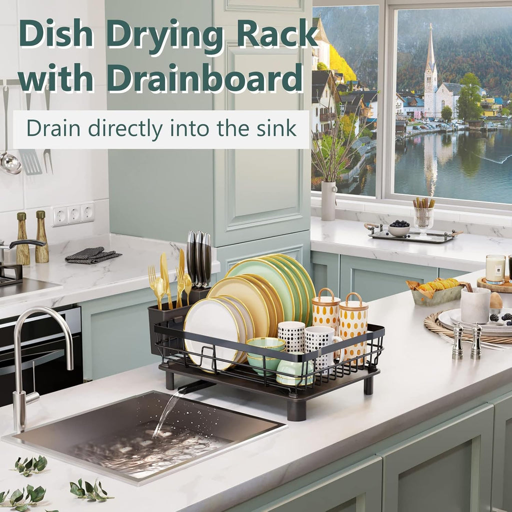 Iron Dish Drying Rack with Drainboard Dish Drainers for Kitchen Counter Extendable Spout Strainers