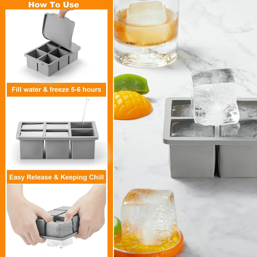 Nax Caki 3 Pack Silicone Large Ice Cube Tray with Lid, Stackable Big Silicone Square Ice Cube Mold