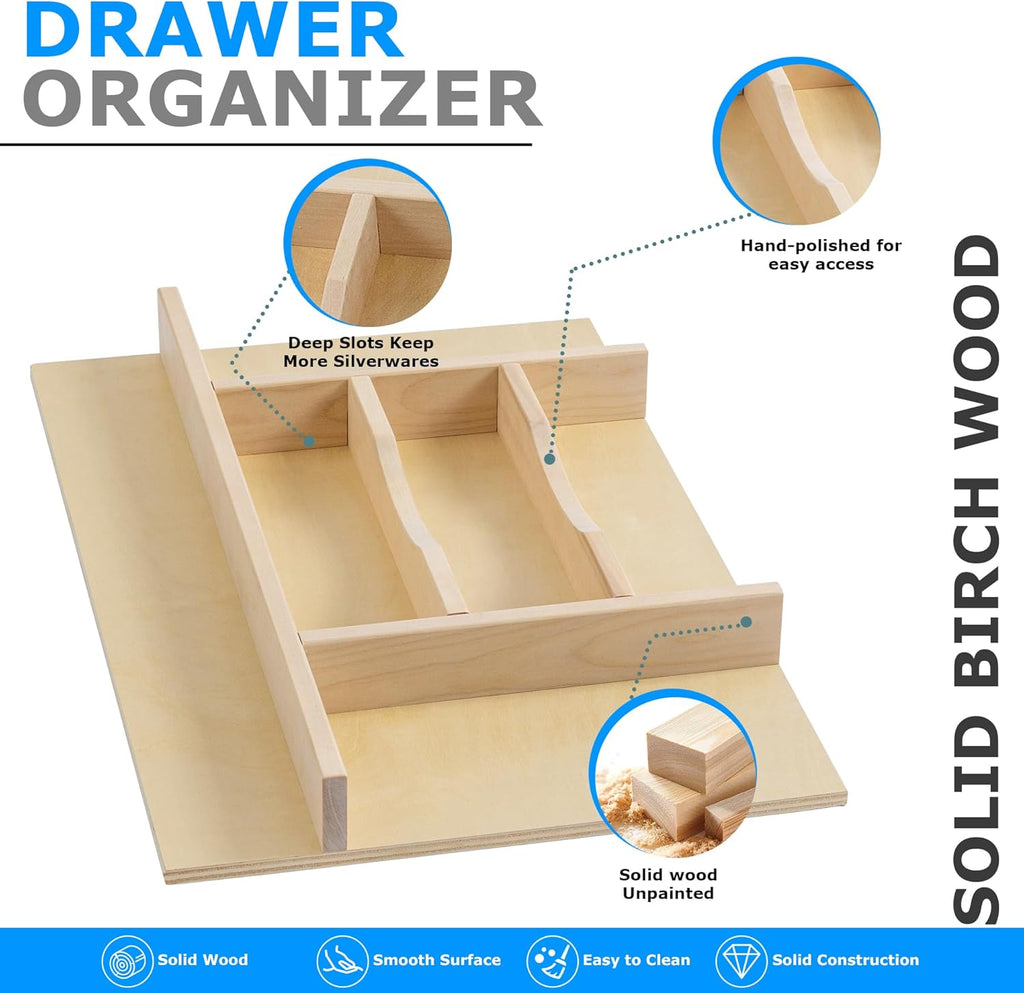 WelFurGeer Premium Wooden Silverware Organizer for Kitchen Drawers, Utensil Tray for Kitchen