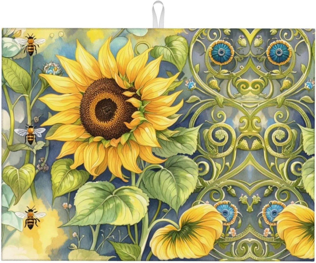 Sunflower Bee Dish Drying Mat Highly Absorbent Double-Sided Microfiber with Hanging Loop Reversible