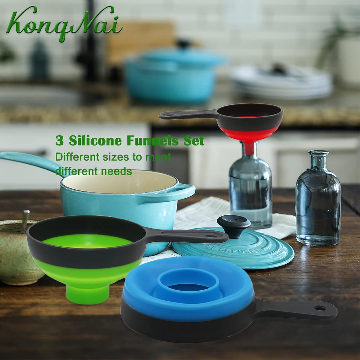 KongNai Canning Funnel for Wide and Regular Jars，Wide Mouth Funnels Sets of 3, Large for Mason Jar