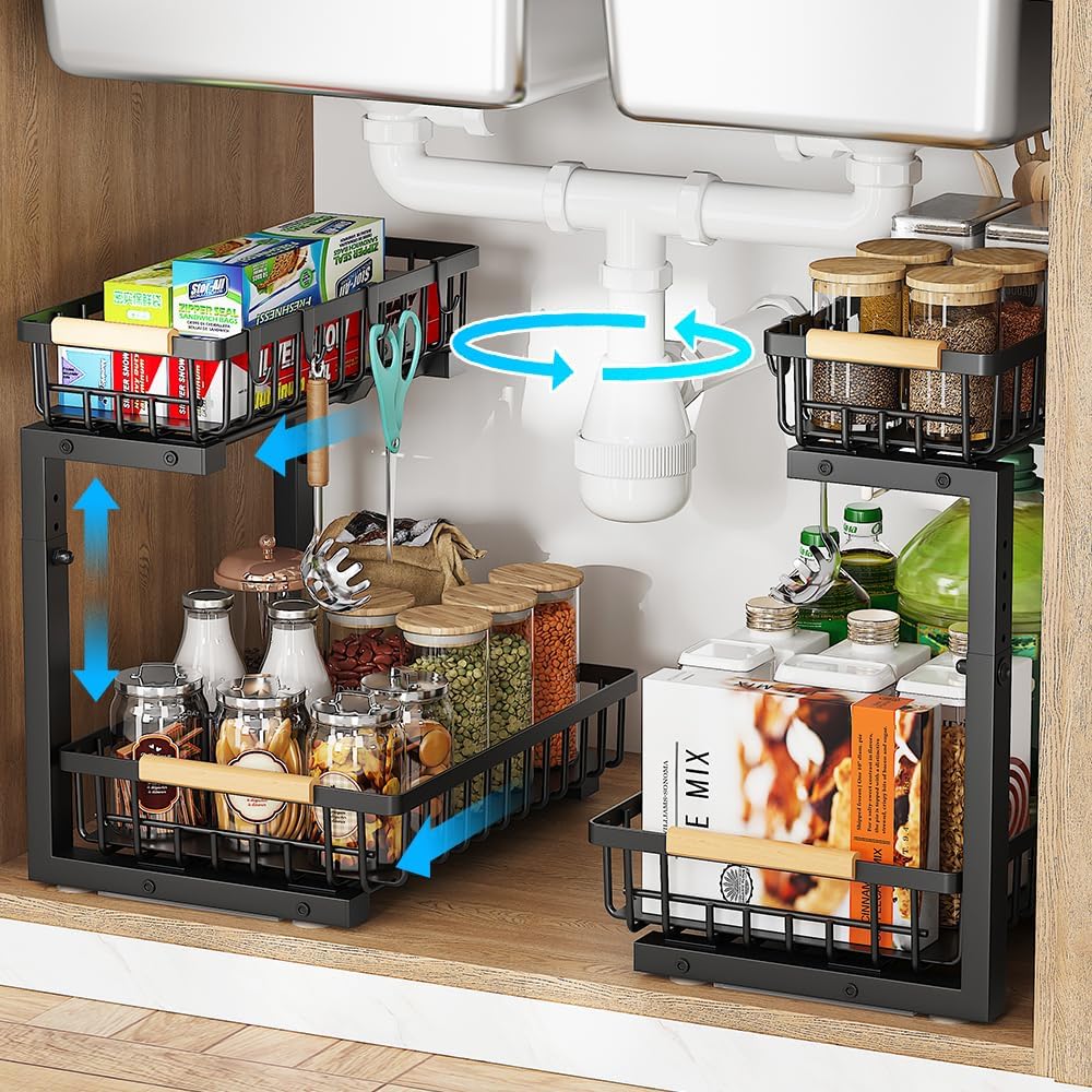 Under Sink Organizer, 2 Tier Under Sink Organizers and Storage, Metal Slide out Pull out Cabinet