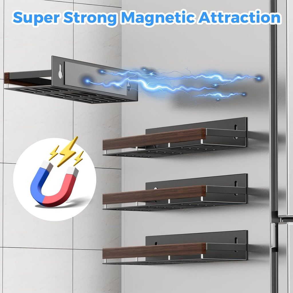 Walnut Magnetic Spice organizer for Refrigerator Wall Mount Spice Rack Magnetic Fridge Shelf Spice