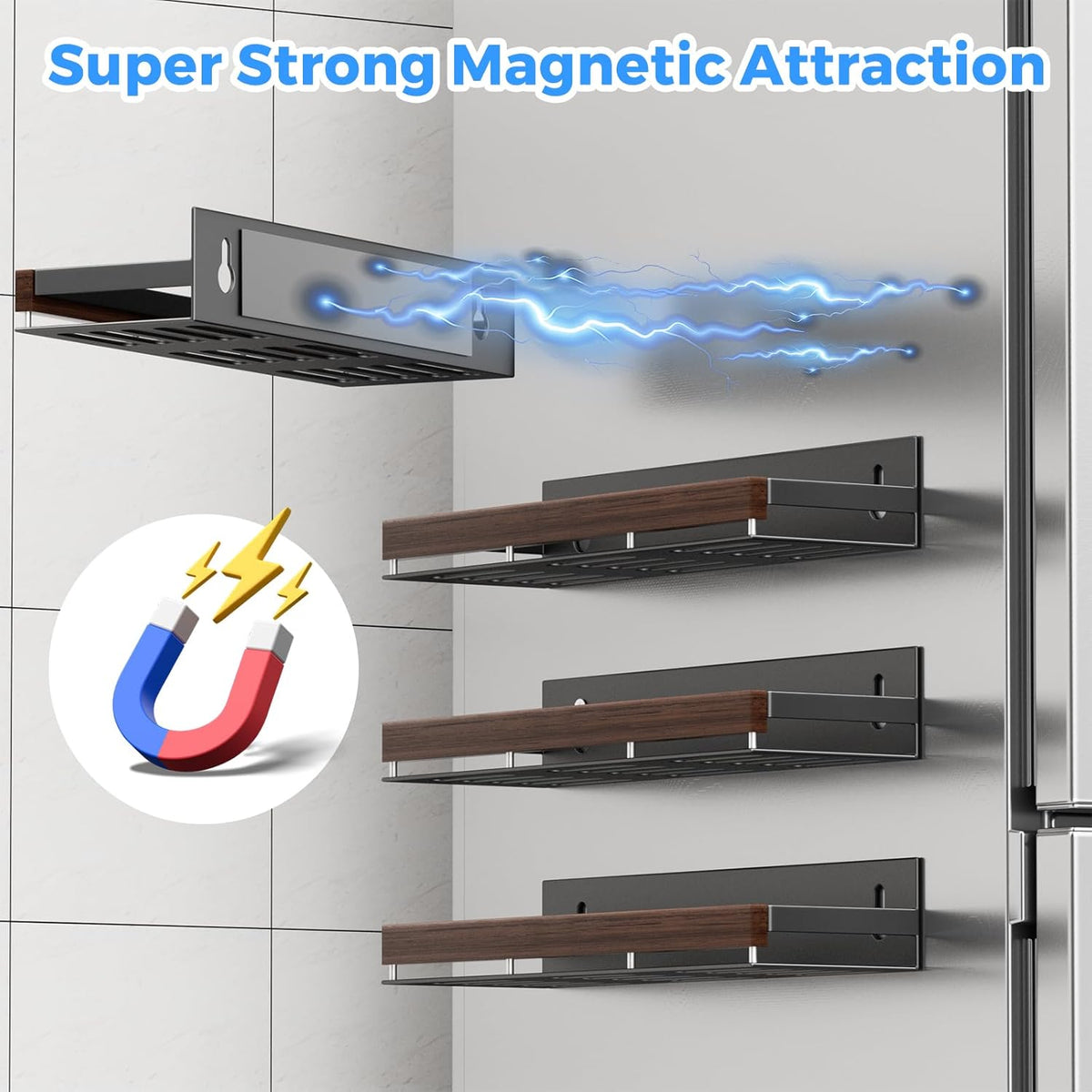Walnut Magnetic Spice organizer for Refrigerator Wall Mount Spice Rack Magnetic Fridge Shelf Spice