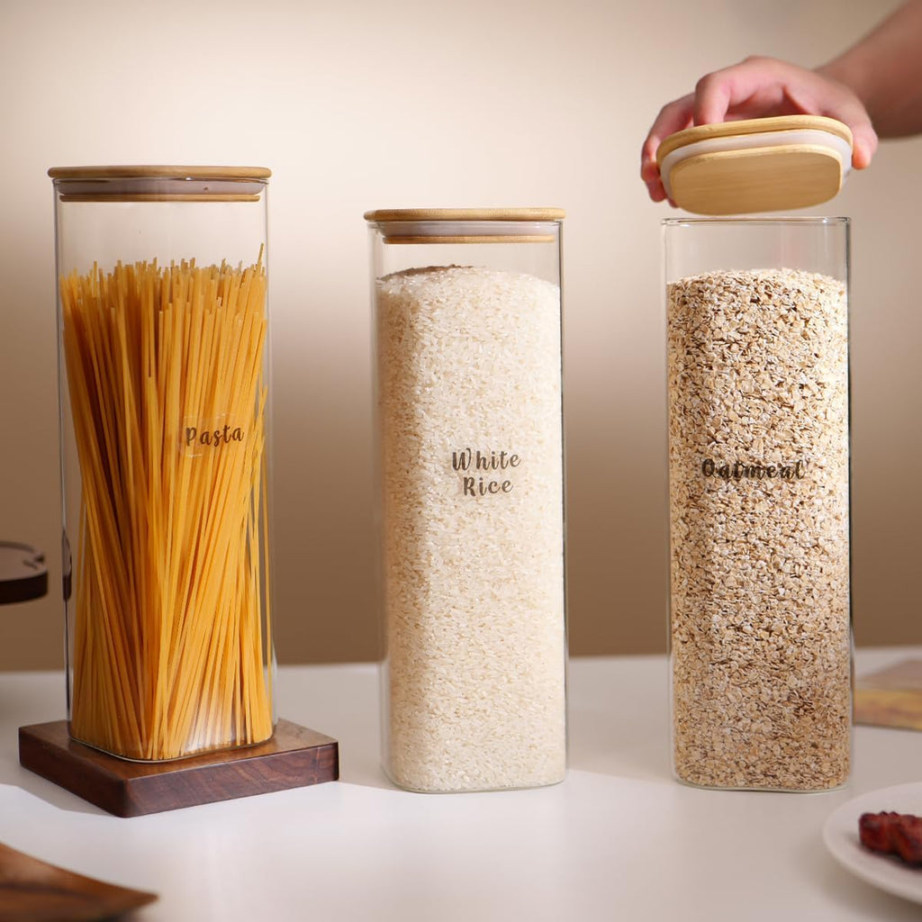 3 Pcs Square Glass Pantry Storage Containers with Bamboo Airtight Lid and 248 Clear Pantry Labels