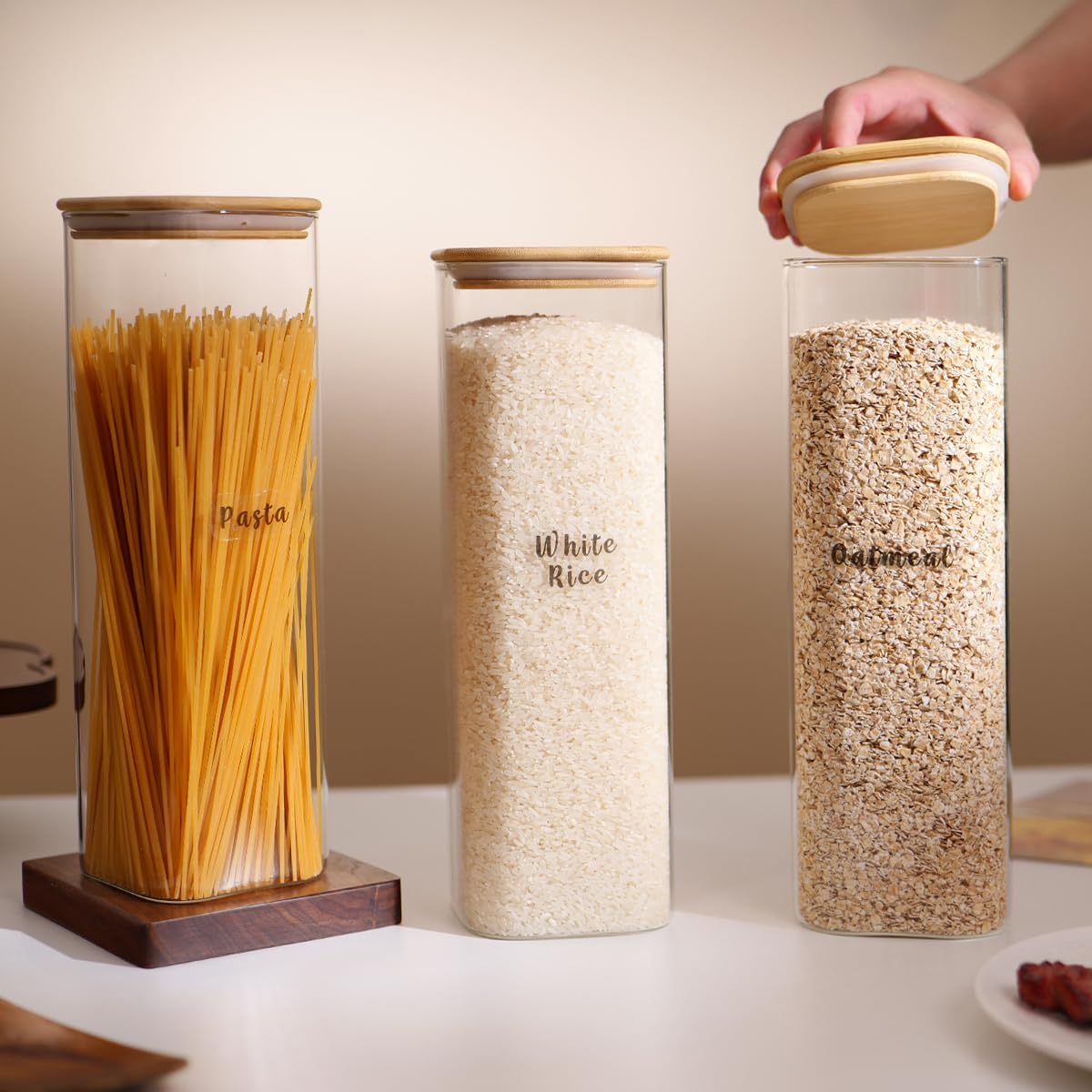 3 Pcs Square Glass Pantry Storage Containers with Bamboo Airtight Lid and 248 Clear Pantry Labels