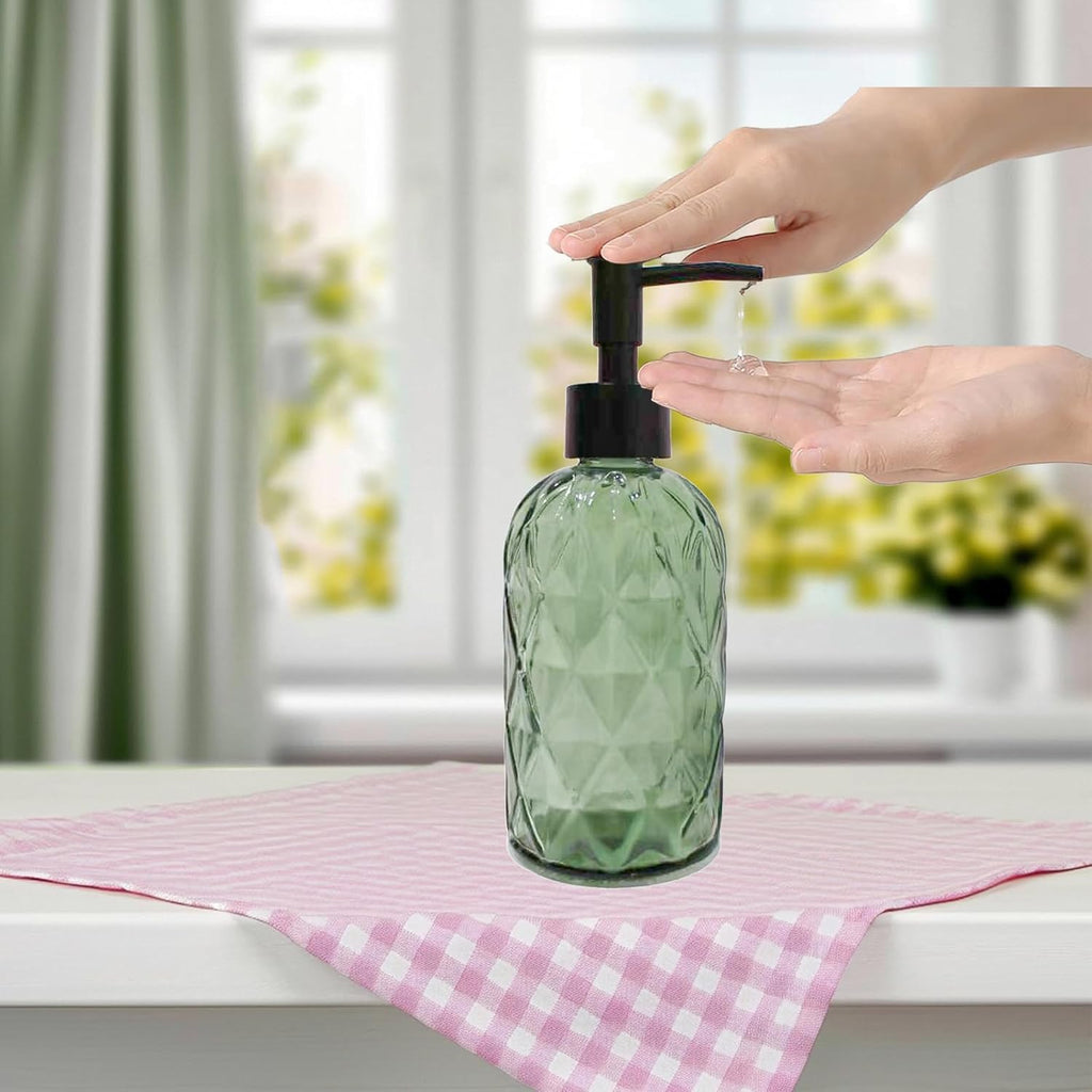 Green Glass Soap Dispenser with Black Plastic Pump, 12Oz Bathroom Clear Liquid Lotion Bottles