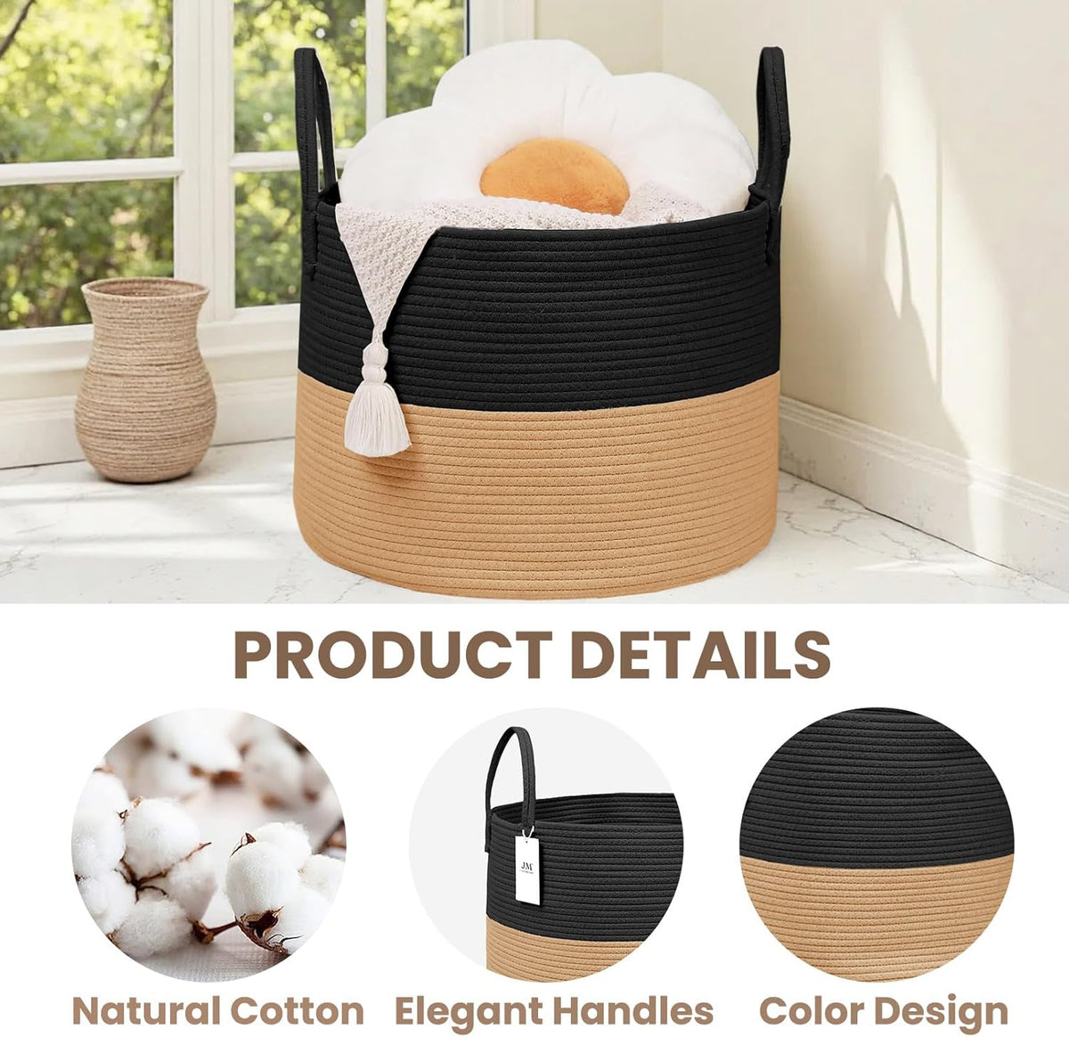 Woven Blanket Basket,65L Large Rope Storage Bin with Handles, Organizer for Blankets Toys Book and