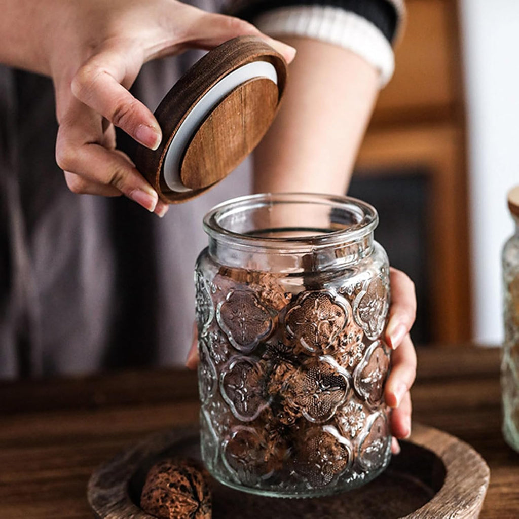 24 OZ/2 PCS Glass Storage Jar with Airtight Bamboo Wooden Lids, Vintage Food Containers Canisters