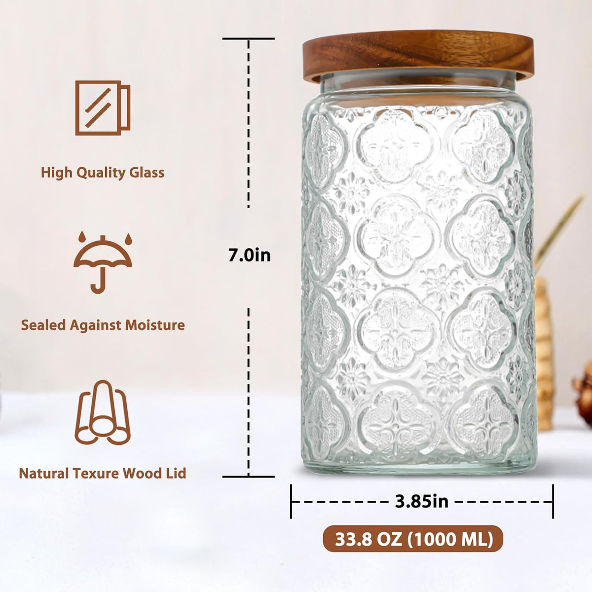 34 OZ/2 PCS Glass Storage Jar with Airtight Bamboo Wooden Lids, Vintage Food Containers Canisters