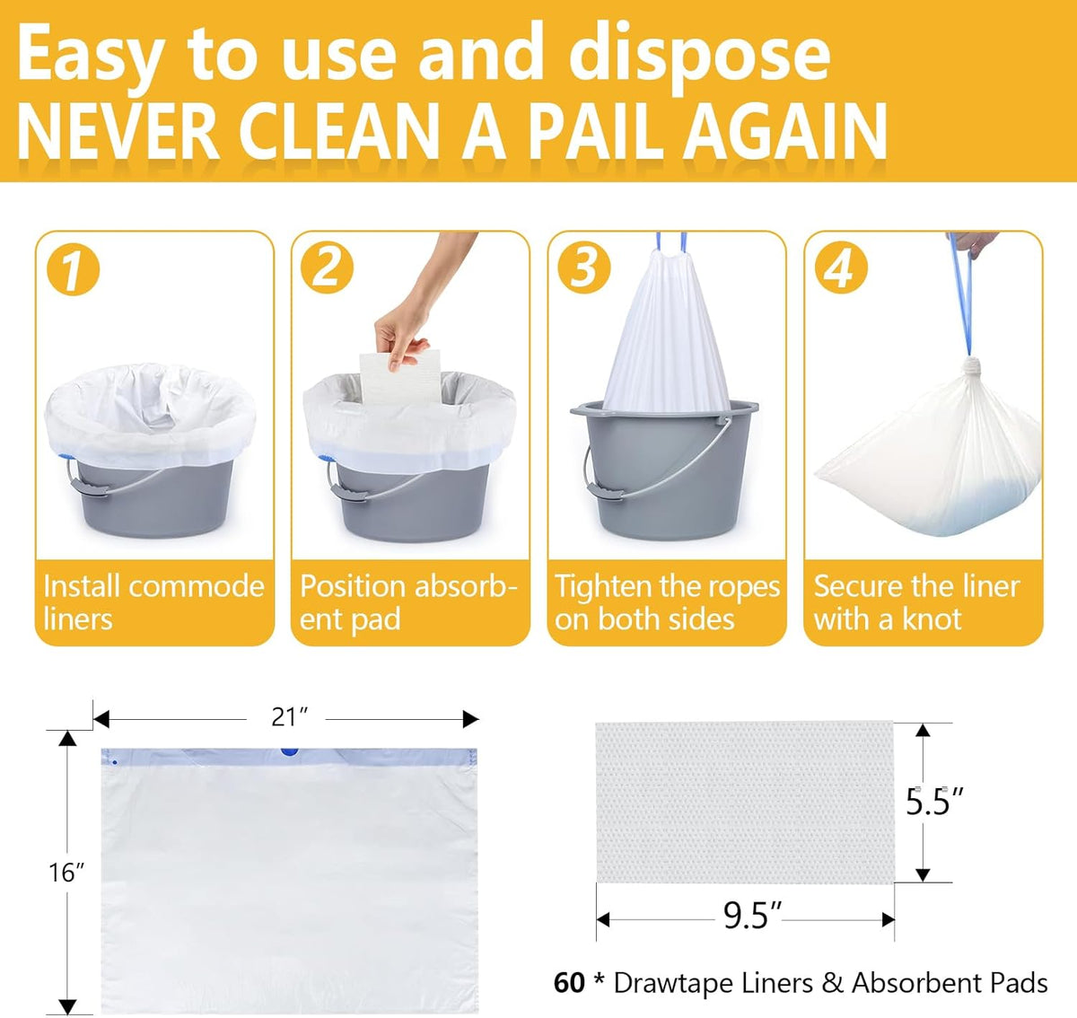 Senvok Commode Liners with Highly Absorbent Pads - 60 Pack | Lemon Scented | Leak-Proof Medical