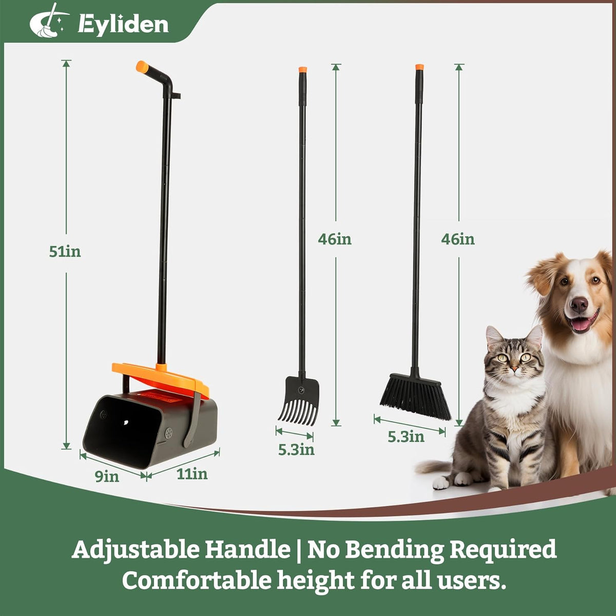 Eyliden Pooper Scooper Broom Set, Include - Dustpan with Lid, Rake, Broom, 35 Waste Bags, 46"