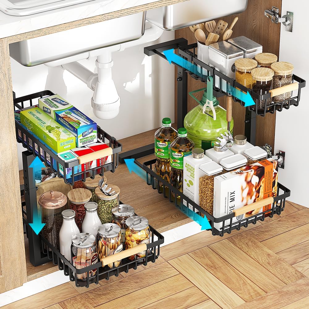 Under Sink Organizer, 2 Tier Under Sink Organizers and Storage, Metal Slide out Pull out Cabinet