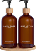 Amber Glass Soap and Lotion Dispenser Set with Tray by Brighter Barns - Hand Soap Dispenser