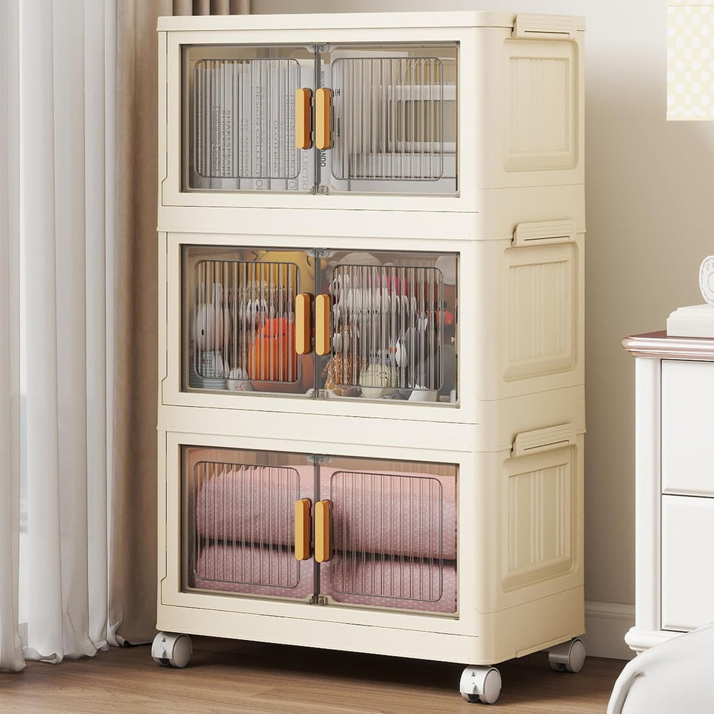 3 Tier Stackable Plastic Storage Bins with Lids 28QT, Collapsible Closet Organizers and Storage
