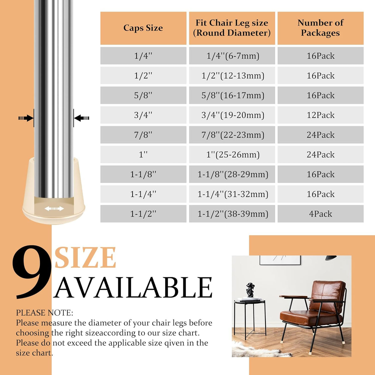 1-1/8" Round Rubber Chair Leg Tips Caps, Chair Leg Floor Protectors, Non-Slip Chair Leg Caps, Stool