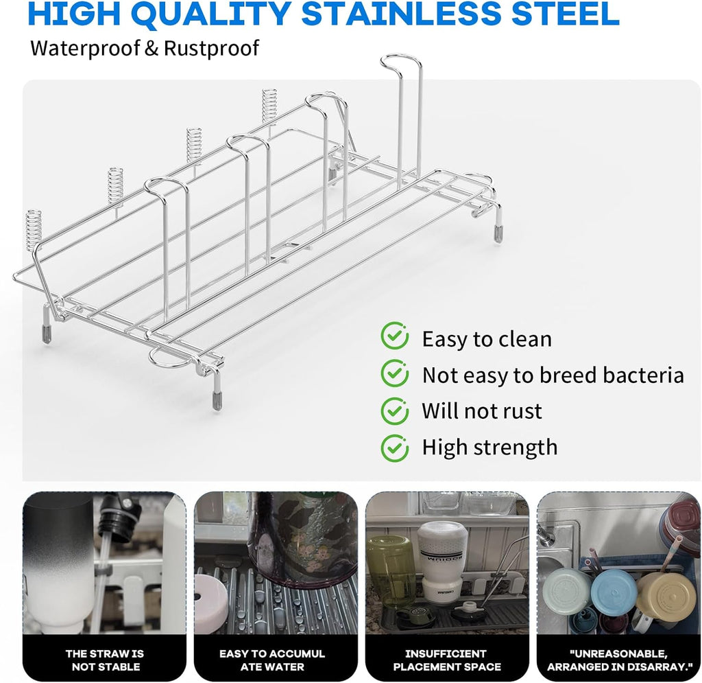 Bottle Drying Rack Stainless Steel Fold Water Bottle Drying Rack Organizer with Straw Holder for