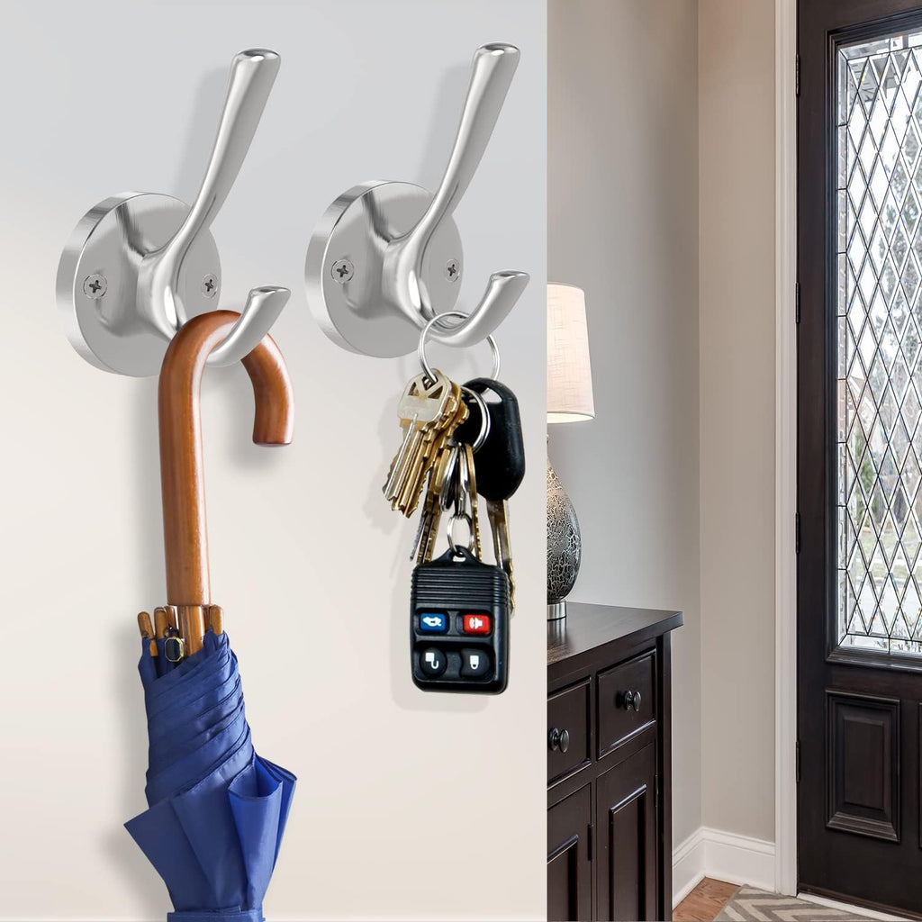 Brushed Nickel Wall Hooks, 6 Pack Coat Robe Hook Heavy Duty Metal Double Bath Hook Wall Mounted