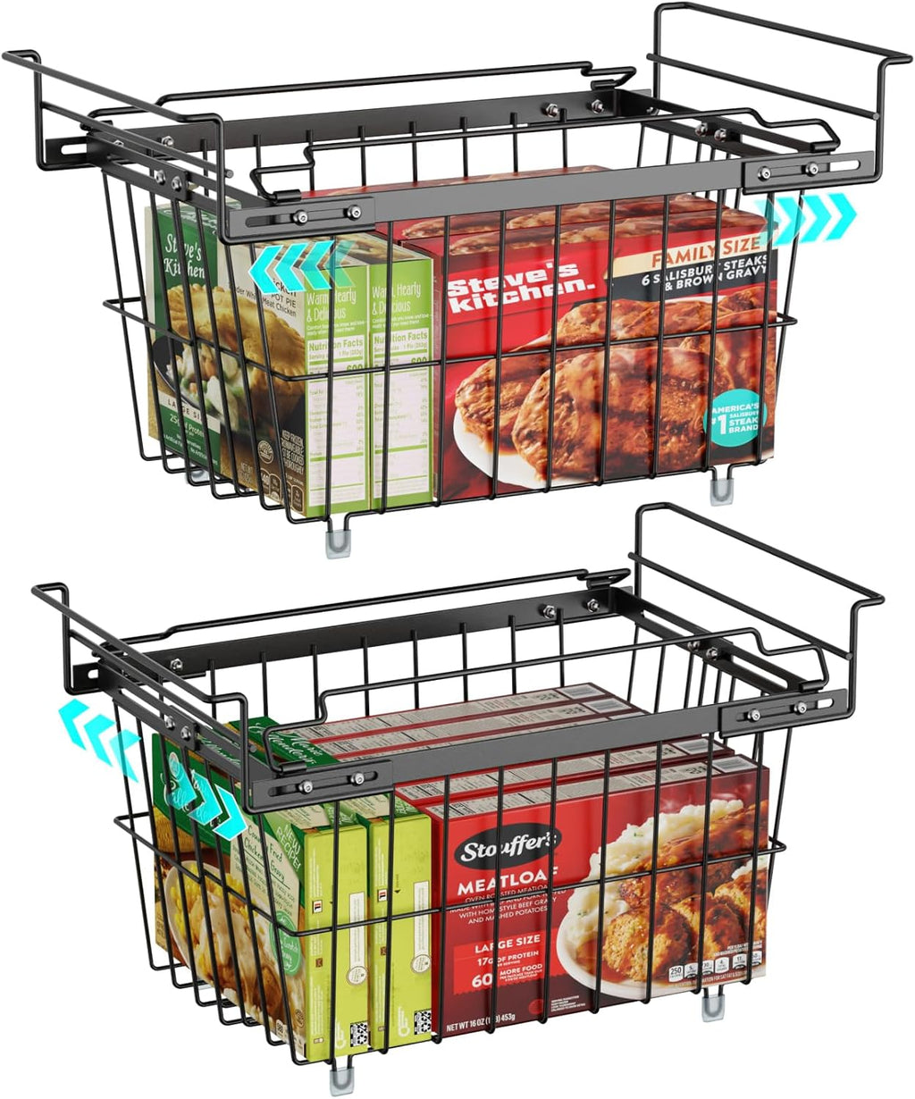 iSPECLE Freezer Organizer Bins - 2 Pcs Hanging Baskets for Deep Freezer, Adjustable Wider & Deeper