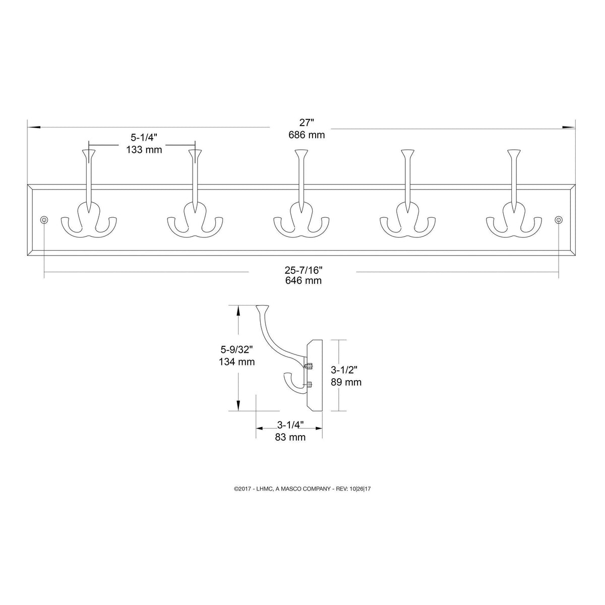 Liberty Hardware 129848 Wall Mounted Coat Rack with 5 Decorative Hooks, 27-Inch, Satin Nickel and
