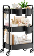 YASONIC 3 Tier Rolling Cart - Metal Utility Cart with Wheels, Hanging Cups, Hooks, Heavy Duty Mesh