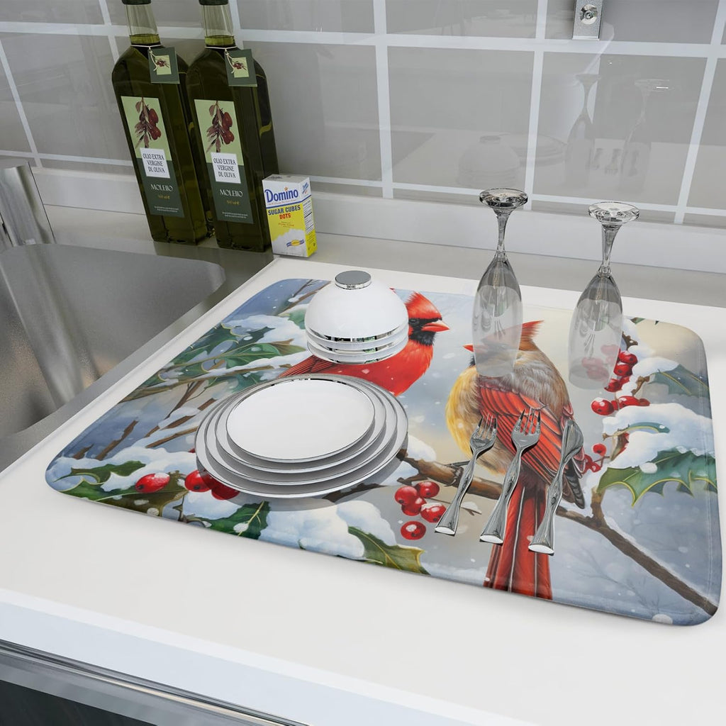 Winter Cardinal Birds Dish Drying Mat, Holly Berry Branches Dish Drying Mat for Kitchen Counter