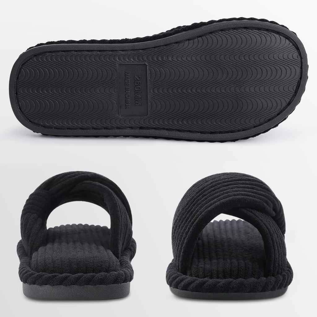 Evshine Summer House Slippers for Women Corduroy Cross Bow Indoor Slippers Open Toe Slip On Bedroom