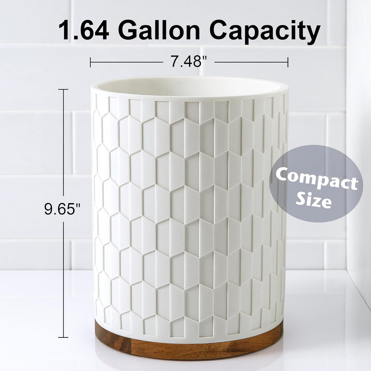 Allure Home Creation Sarasota Resin with Wood Accent Wastebasket Trash Can Compact Size, White