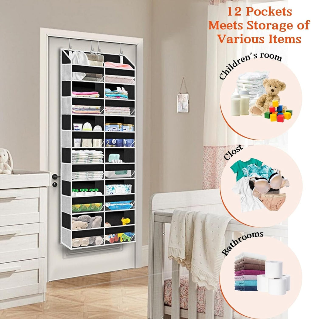 Over The Door Organizer 6 Tiers, Extra Large Behind Door Storage of 12 Compartments, 80 lbs Weight
