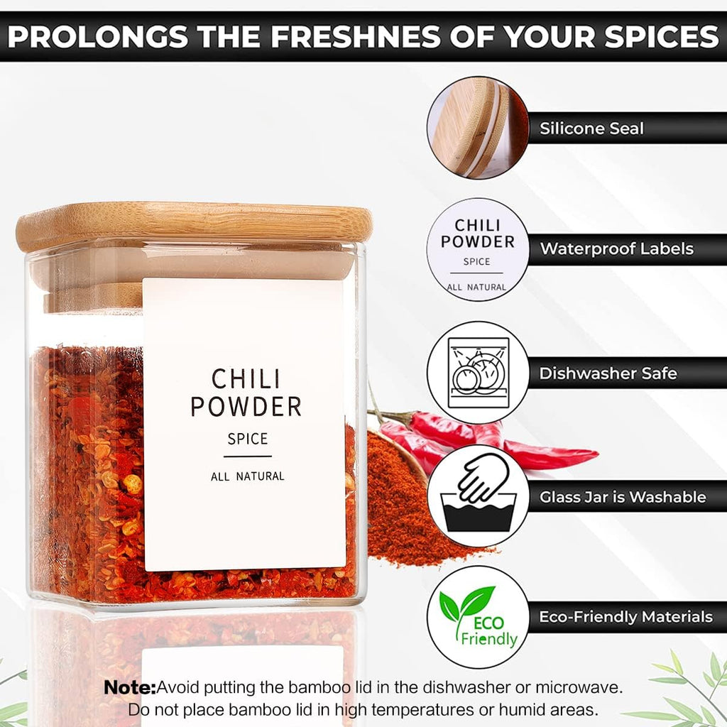 12 Pcs Square Glass Spice Jars with Natural Bamboo Lids - 5oz Airtight Herb Containers with 148