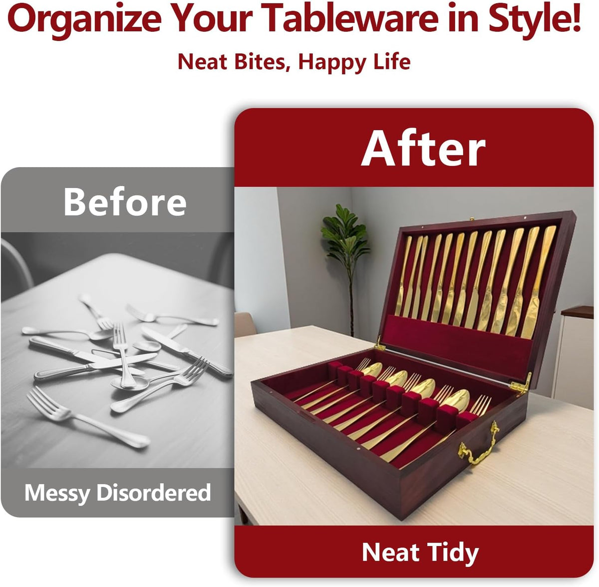 Silverware Storage Box, Kitchen Drawer Organizer, Drawer-containing flap-type storage box, Wood