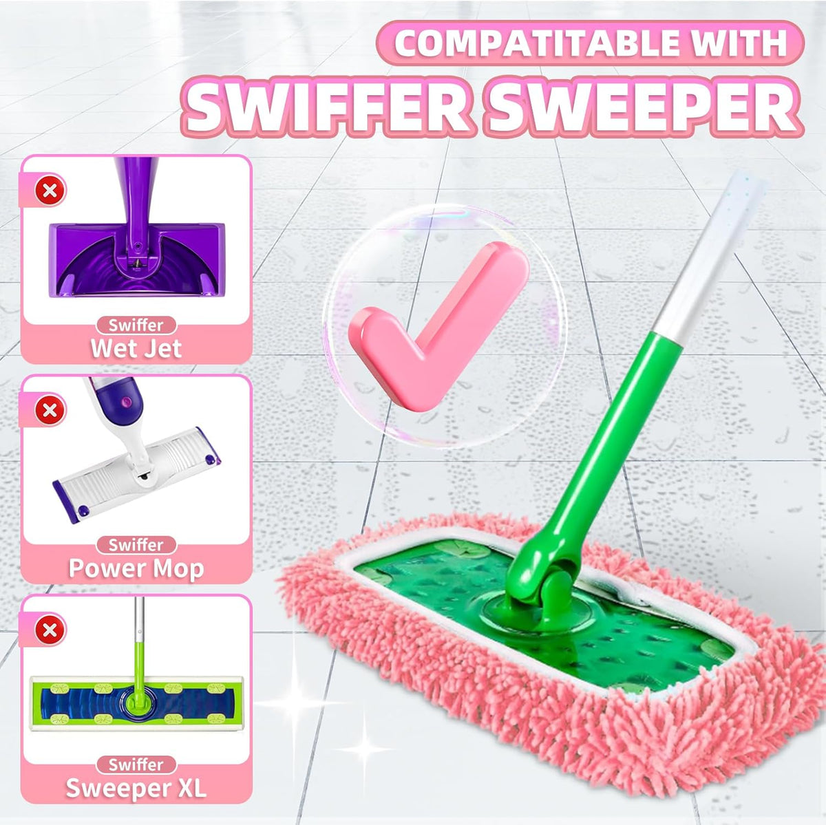 4 Pack Reusable Mop Pads Compatible with Swiffer Sweeper, Microfiber Chenille Washable Swiffer Mop