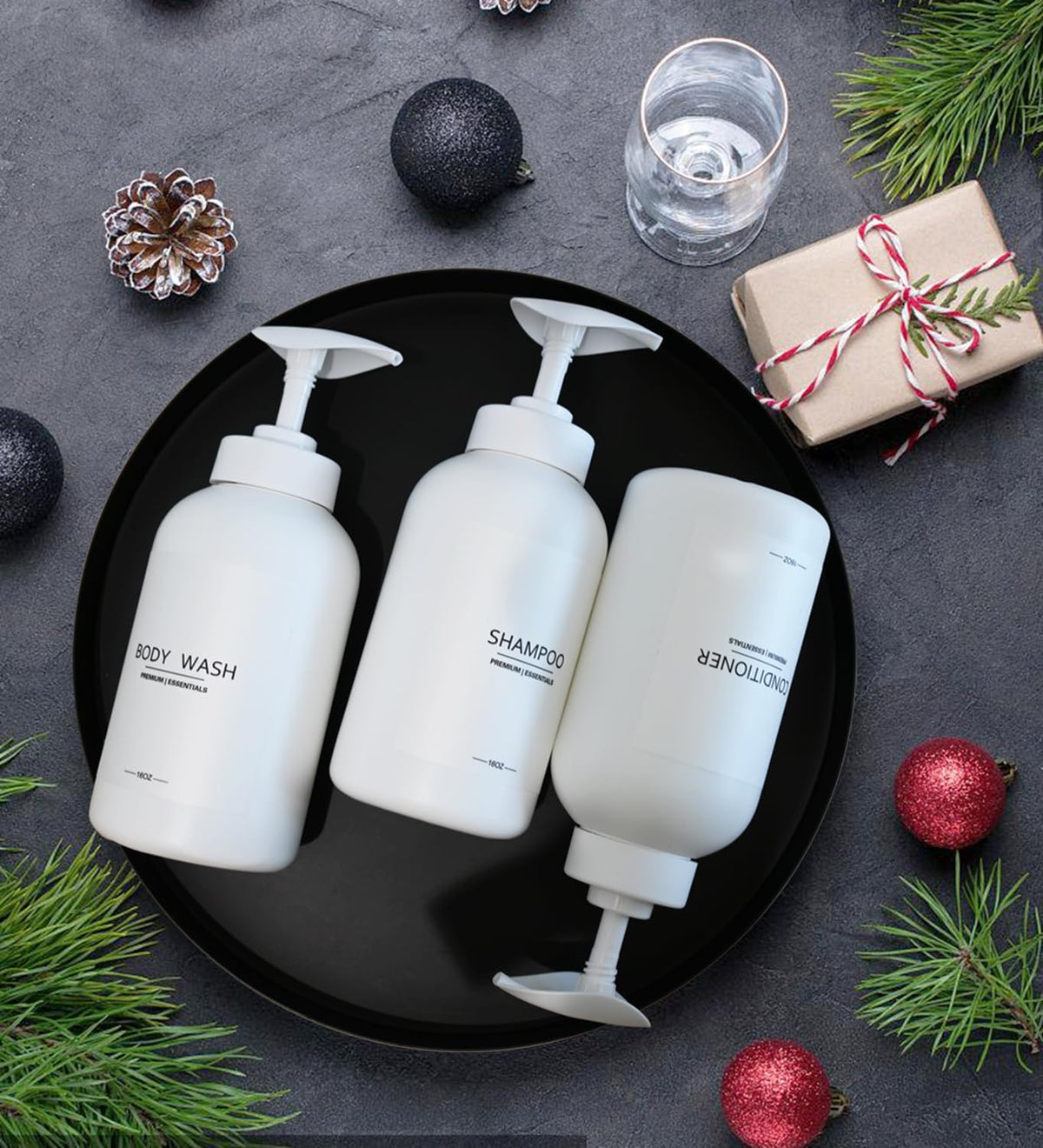 Frosted Pearl White Shampoo and Conditioner Bottles, Refillable Apothecary Dispenser Pump for