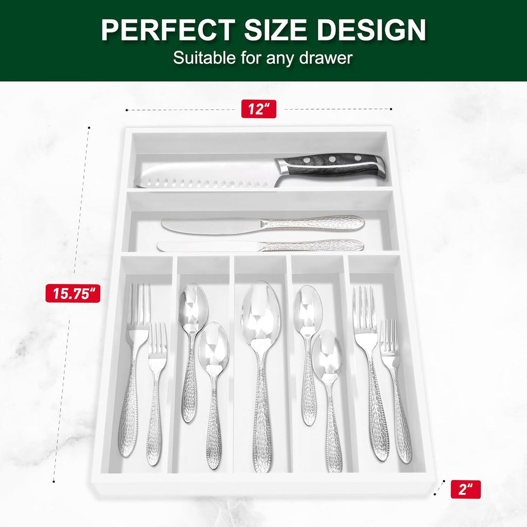 Bellsal White Utensil Organizer 12.5 Inch Silverware Tray for Drawer Utensil Holder Cutlery