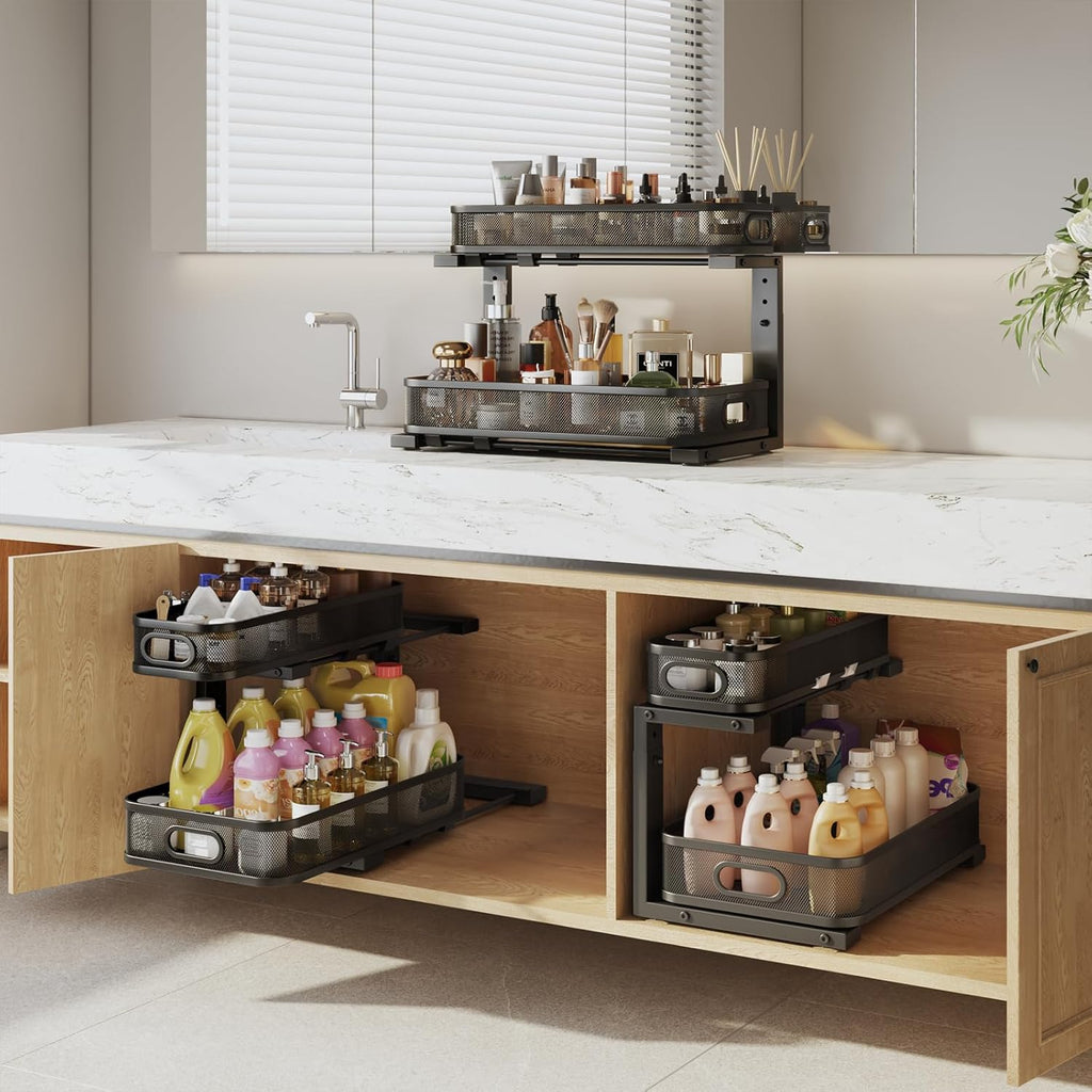 2 Pack 17.3IN-Depth Under Sink Organizer with Smooth Cylindrical Rail,2-Tier Pull Out Multi-Purpose