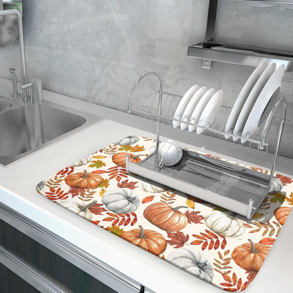 Fall Dish Drying Mat for Kitchen Counter 16x18 Inch Autumn Pumpkins Maple Leaves Drying Mats