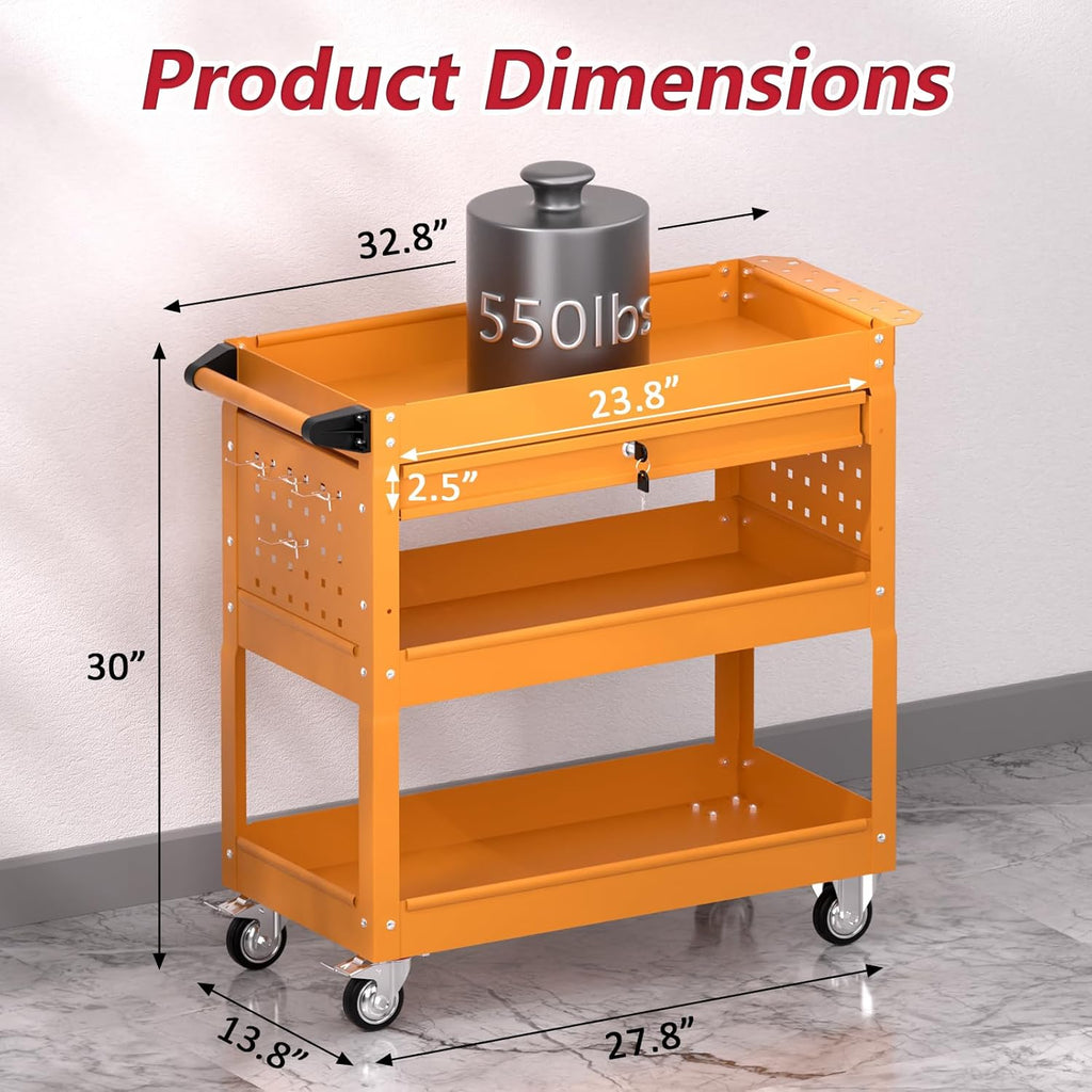 3 Tier Rolling Tool Cart on Wheels, Heavy Duty Service Cart Industrial Utility Cart with Drawer and