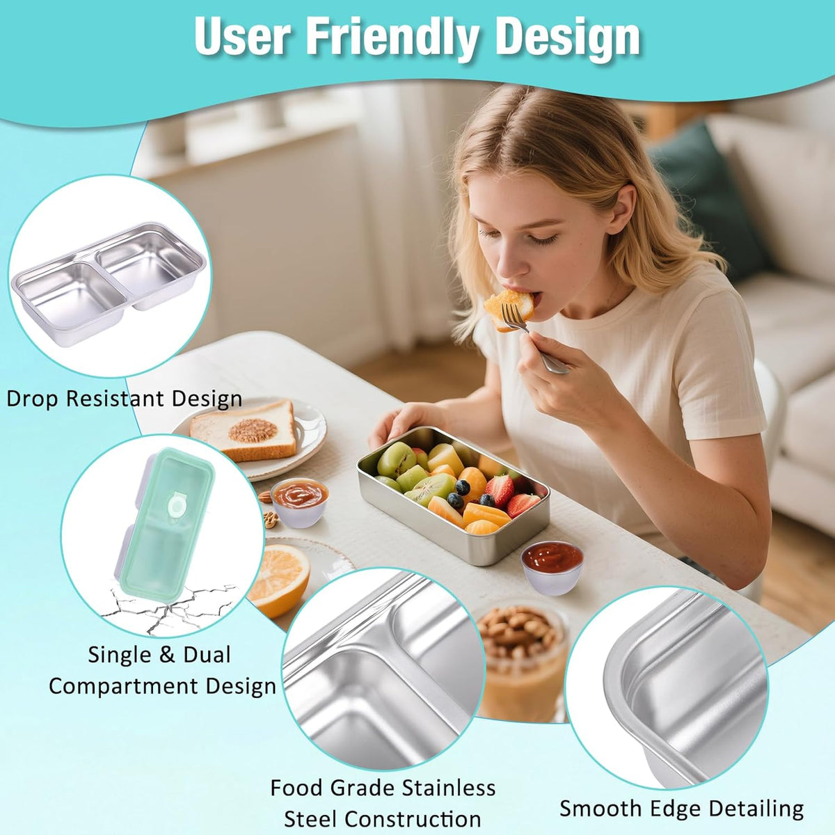 6 Pack Stainless Steel Snack Containers with Lids, 2-Compartment Bento Box, Lunch Box & Salad