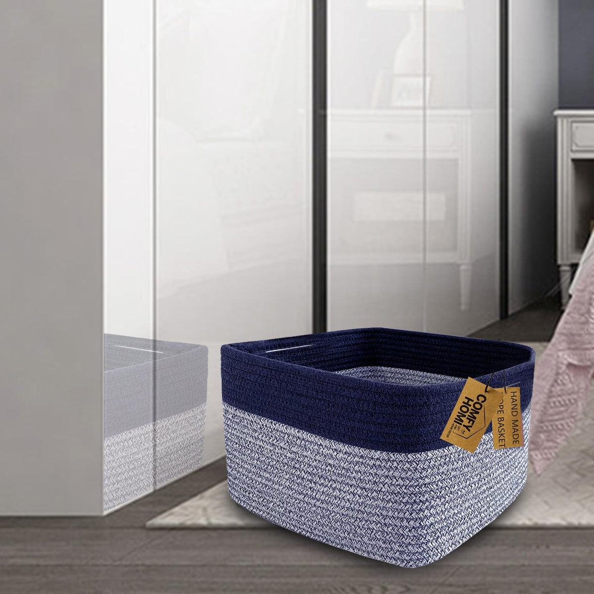 COMFY-HOMI 3PACK Rectangular Cotton Rope Basket With Handles for Shelves|Dog Toy|Baby Gift - Dark